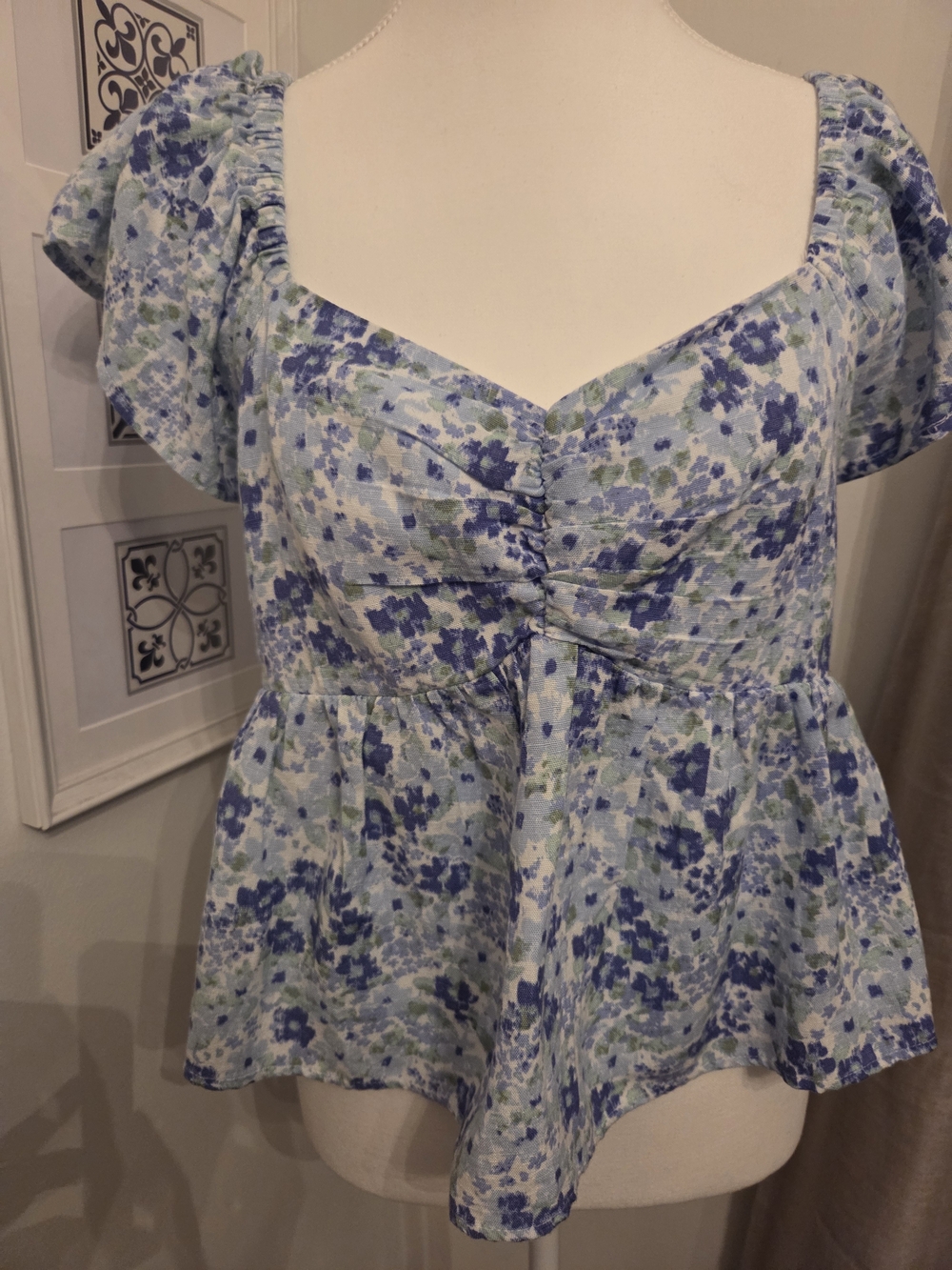 Smocked Bust Peplum Blue Floral Top